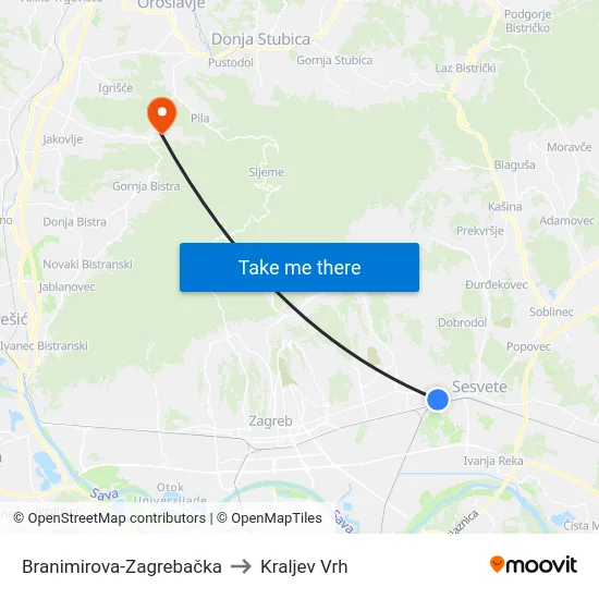 Branimirova-Zagrebačka to Kraljev Vrh map