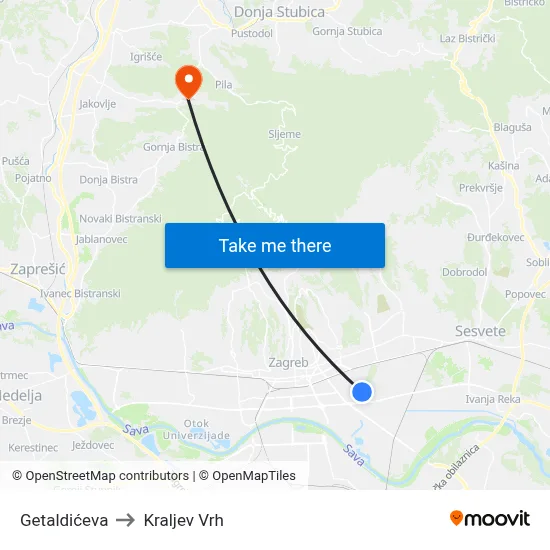 Getaldićeva to Kraljev Vrh map