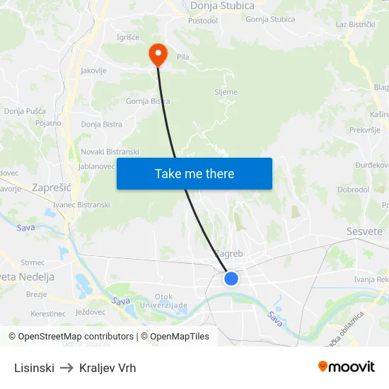 Lisinski to Kraljev Vrh map