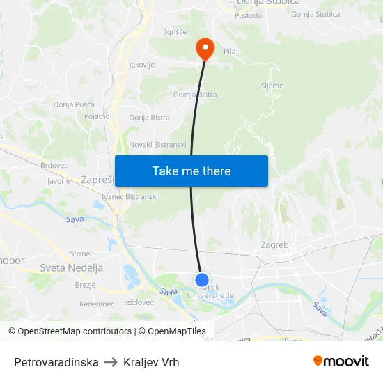 Petrovaradinska to Kraljev Vrh map