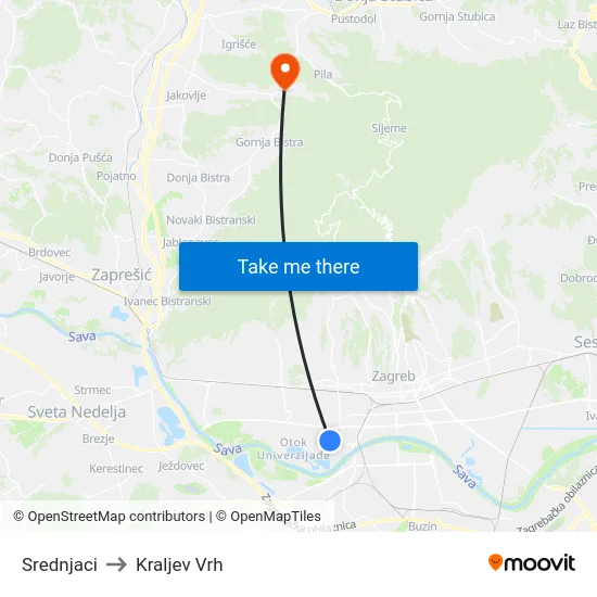 Srednjaci to Kraljev Vrh map