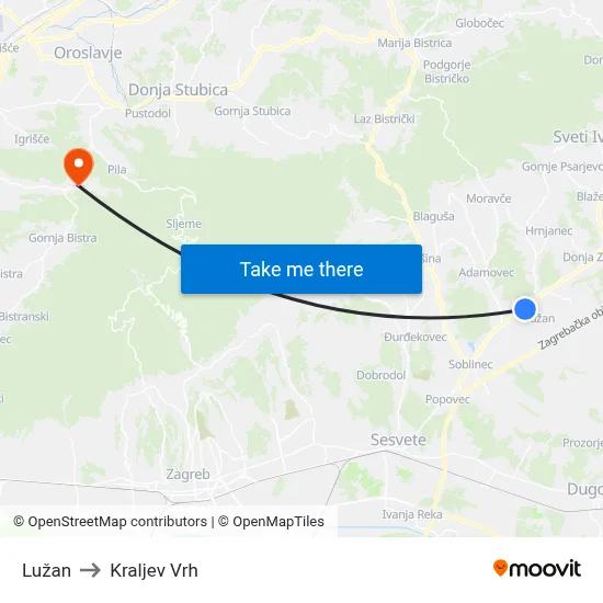Lužan to Kraljev Vrh map