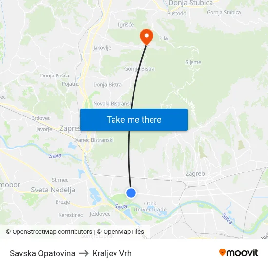 Savska Opatovina to Kraljev Vrh map