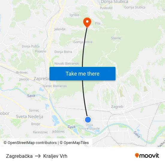 Zagrebačka to Kraljev Vrh map