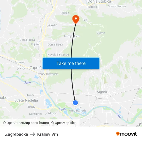 Zagrebačka to Kraljev Vrh map