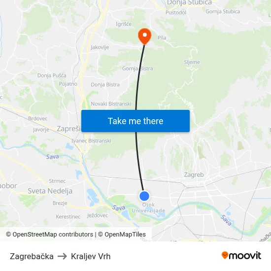 Zagrebačka to Kraljev Vrh map