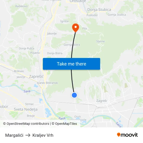 Margalići to Kraljev Vrh map