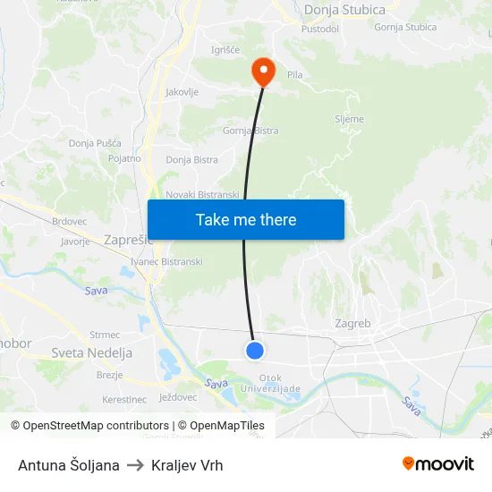 Antuna Šoljana to Kraljev Vrh map