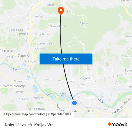 Naletilićeva to Kraljev Vrh map