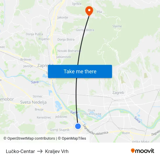 Lučko-Centar to Kraljev Vrh map