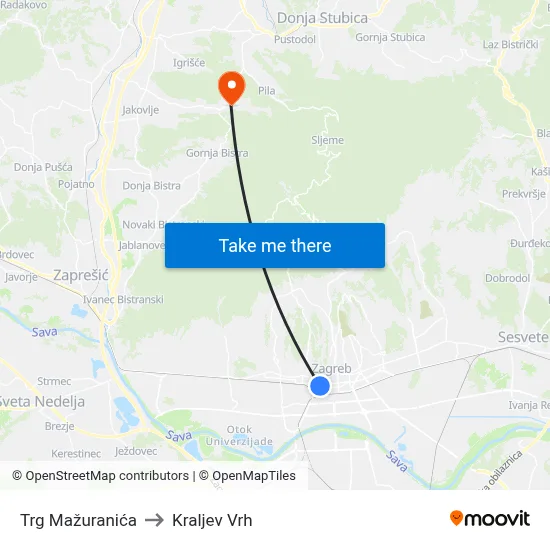 Trg Mažuranića to Kraljev Vrh map