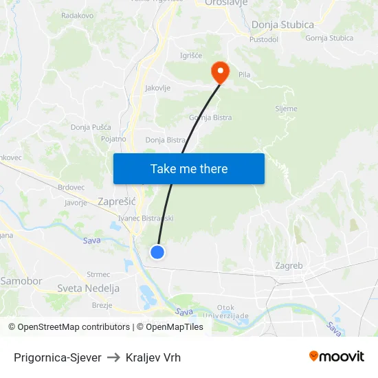 Prigornica-Sjever to Kraljev Vrh map