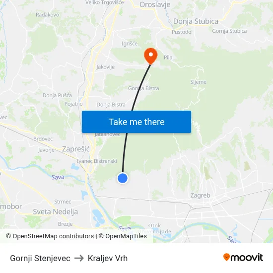 Gornji Stenjevec to Kraljev Vrh map