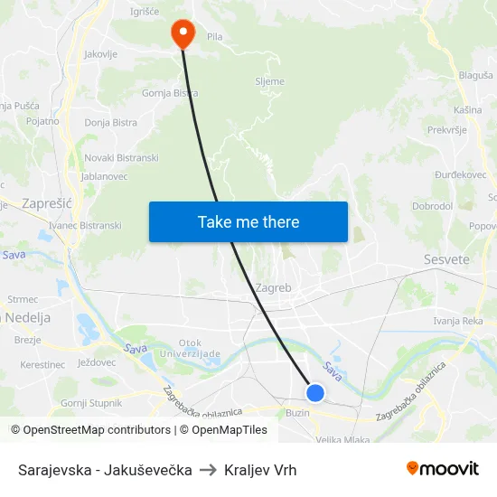 Sarajevska - Jakuševečka to Kraljev Vrh map
