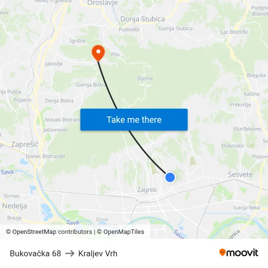 Bukovačka 68 to Kraljev Vrh map