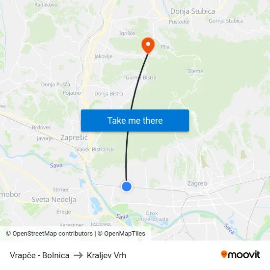 Vrapče - Bolnica to Kraljev Vrh map