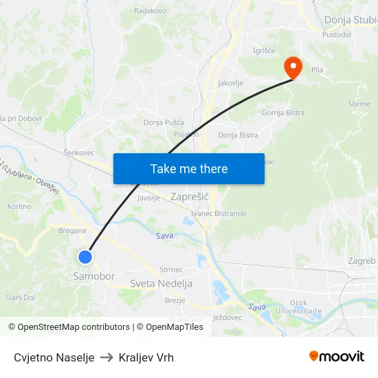 Cvjetno Naselje to Kraljev Vrh map