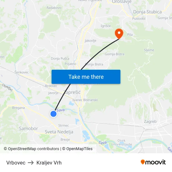 Vrbovec to Kraljev Vrh map