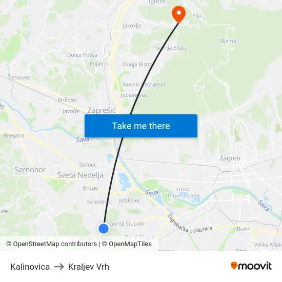 Kalinovica to Kraljev Vrh map