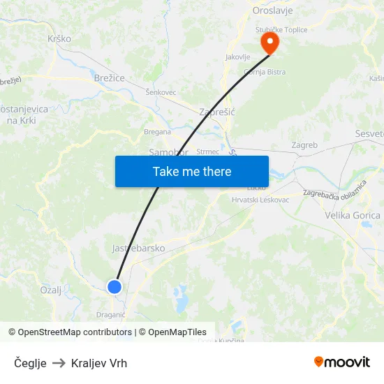Čeglje to Kraljev Vrh map