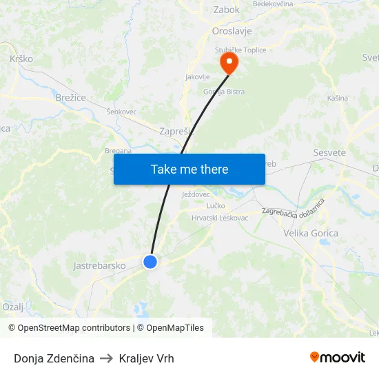 Donja Zdenčina to Kraljev Vrh map