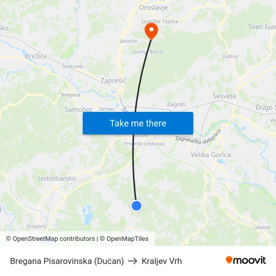 Bregana Pisarovinska (Dućan) to Kraljev Vrh map