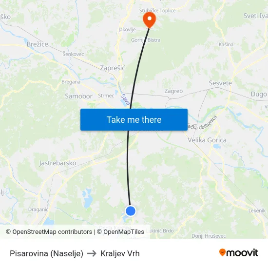 Pisarovina (Naselje) to Kraljev Vrh map