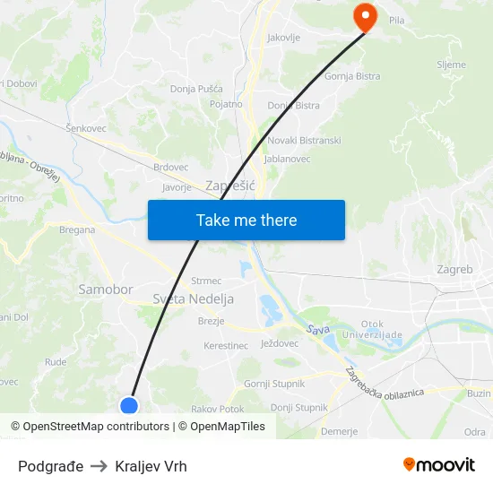 Podgrađe to Kraljev Vrh map