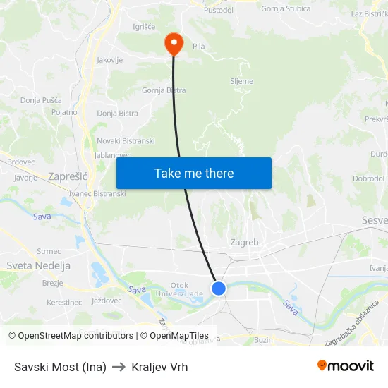 Savski Most (Ina) to Kraljev Vrh map