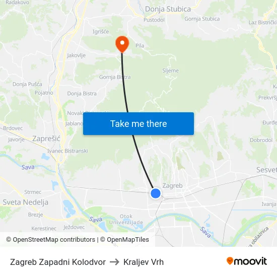 Zagreb Zapadni Kolodvor to Kraljev Vrh map