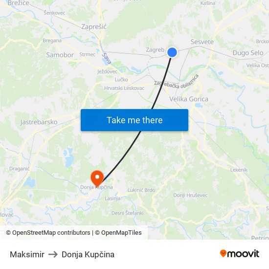 Maksimir to Donja Kupčina map