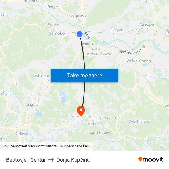 Bestovje - Centar to Donja Kupčina map