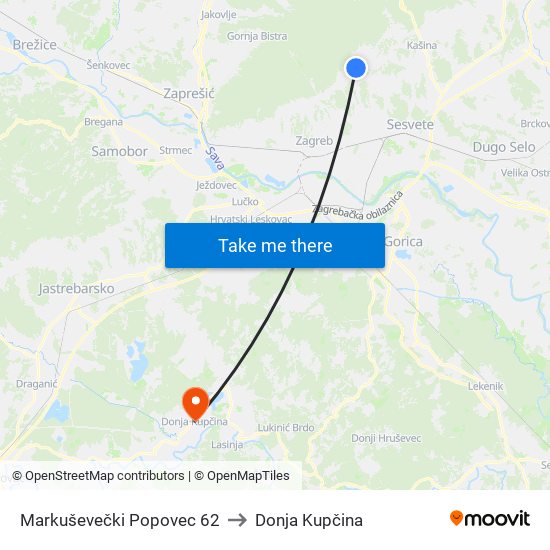 Markuševečki Popovec 62 to Donja Kupčina map