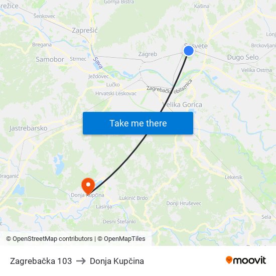 Zagrebačka 103 to Donja Kupčina map