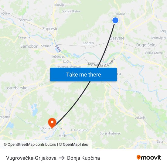 Vugrovečka-Grljakova to Donja Kupčina map