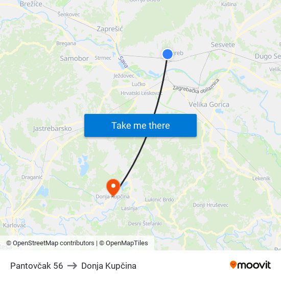 Pantovčak 56 to Donja Kupčina map