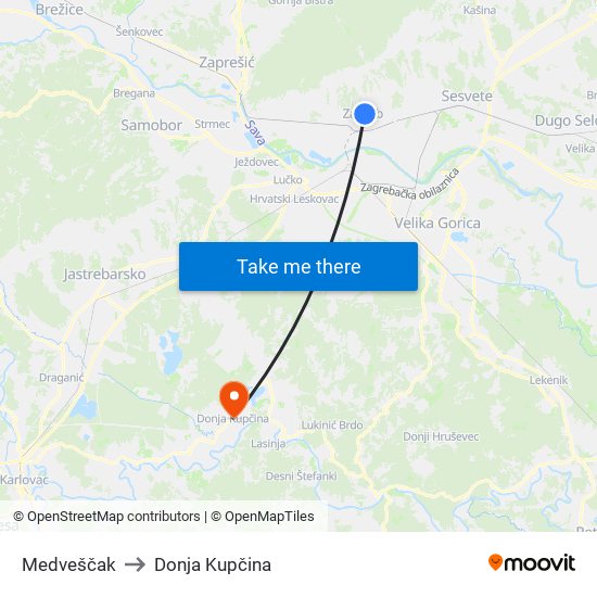 Medveščak to Donja Kupčina map