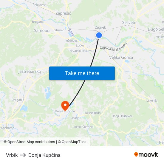 Vrbik to Donja Kupčina map