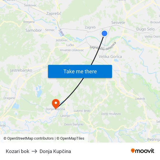 Kozari bok to Donja Kupčina map