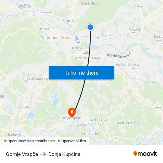 Gornje Vrapče to Donja Kupčina map