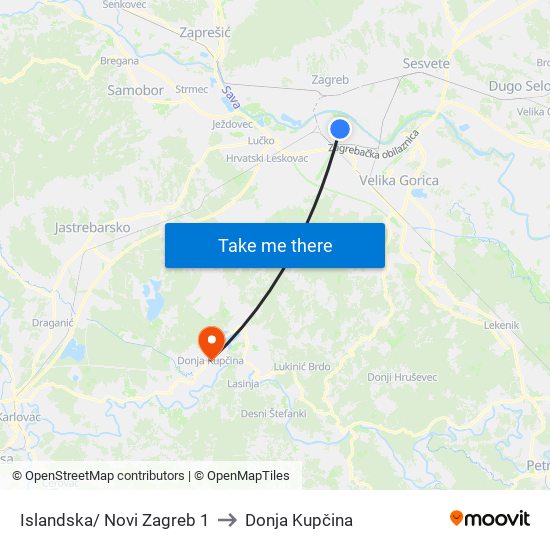 Islandska/ Novi Zagreb 1 to Donja Kupčina map