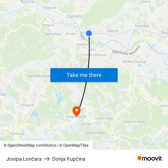 Josipa Lončara to Donja Kupčina map