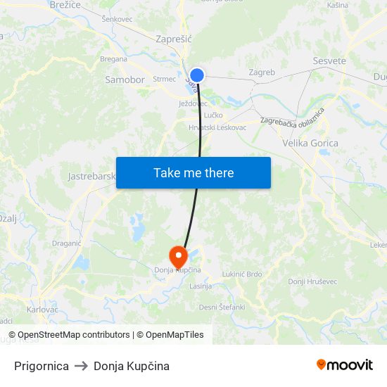 Prigornica to Donja Kupčina map