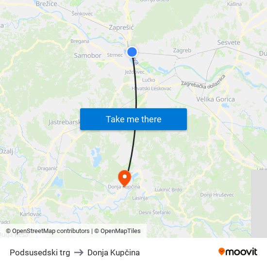 Podsusedski trg to Donja Kupčina map