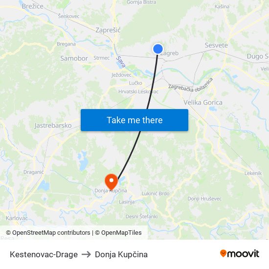 Kestenovac-Drage to Donja Kupčina map