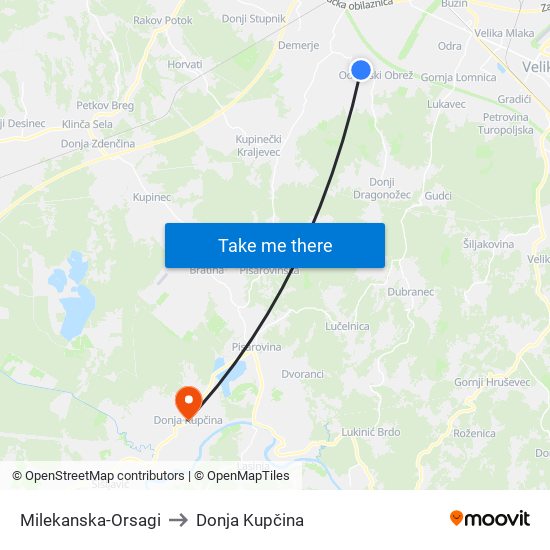 Milekanska-Orsagi to Donja Kupčina map