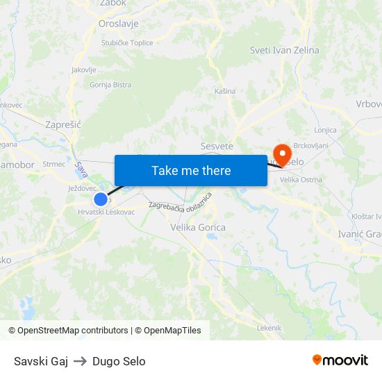 Savski Gaj to Dugo Selo map