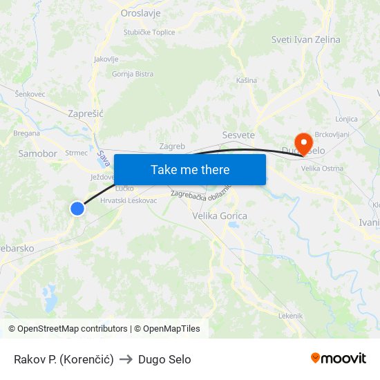 Rakov P. (Korenčić) to Dugo Selo map