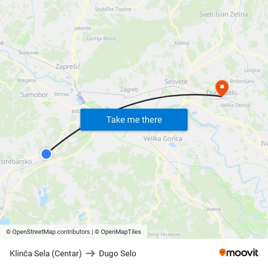 Klinča Sela (Centar) to Dugo Selo map