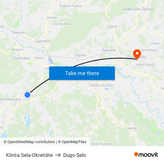 Klinča Sela-Okretište to Dugo Selo map